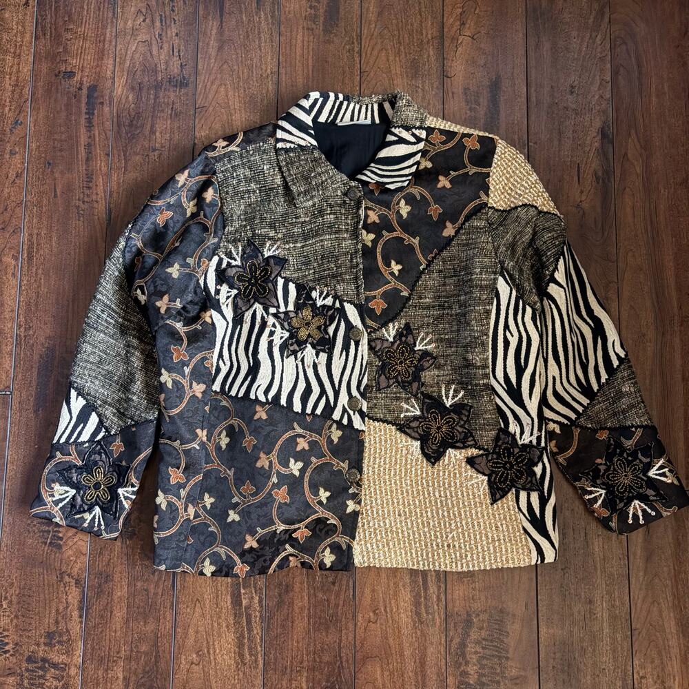 Coldwater Creek Blazer Jacket Womens L Brown 3D Art to Wear Animal Textured